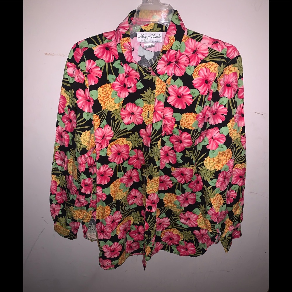 Maggy London Floral Hawaiian Pineapple Blouse 1X